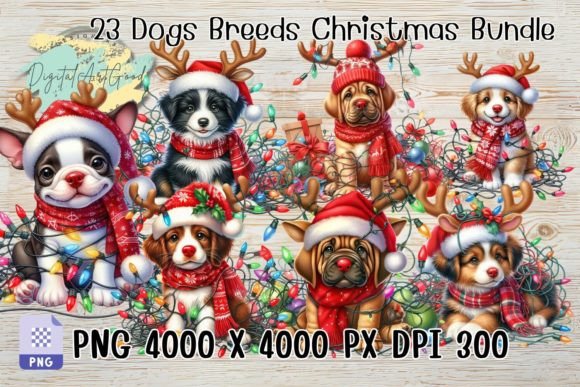 23 Dogs Breeds Christmas Watercolor PNG for Illustrations