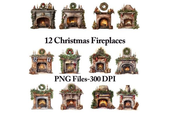 Christmas Fireplace Mantle Clipart Set: Festive Illustrations