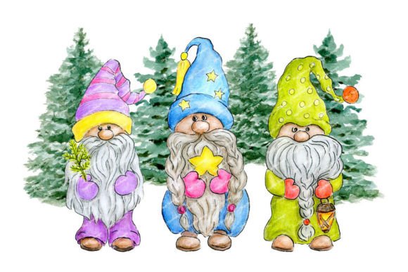Christmas Gnomes Fir Tree Watercolor PNG for Illustrations