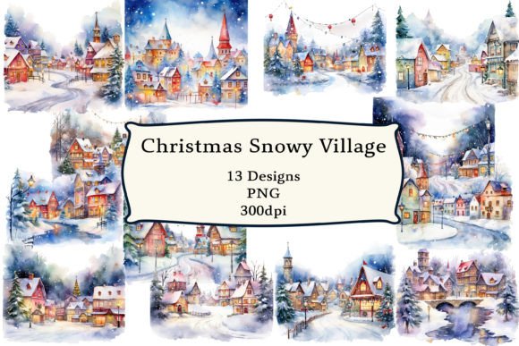 Christmas Snowy Village Clipart: Festive Illustrations