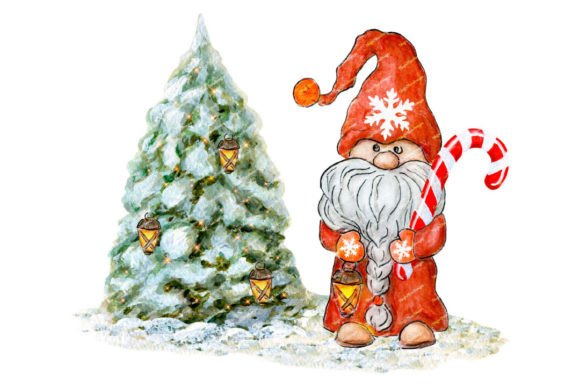 Cute Gnome Watercolor Christmas Tree PNG: Festive Illustrations