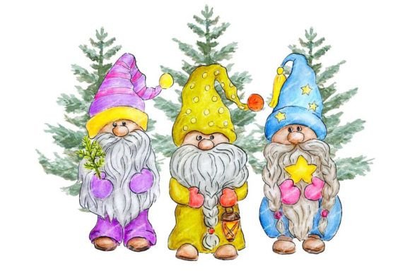 Gnomes and Christmas Tree Watercolor PNG for Illustrations