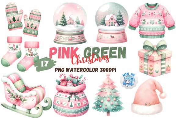 Pink Green Christmas Watercolor Clipart: Fresh Illustrations
