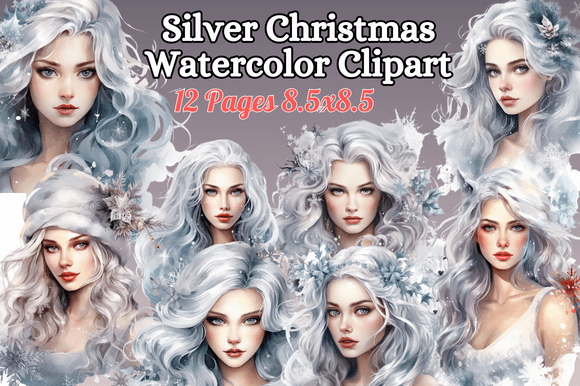 Silver Christmas Watercolor Clipart: Premium Illustrations