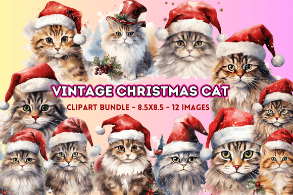 Vintage Christmas Cat Clipart Bundle: Editorial Illustrations