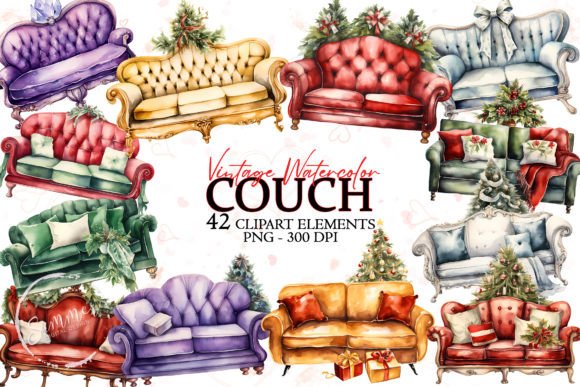 Vintage Christmas Couch Watercolor Png: Festive Illustrations