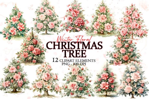 Vintage Pink Roses Christmas Tree: Festive Illustrations