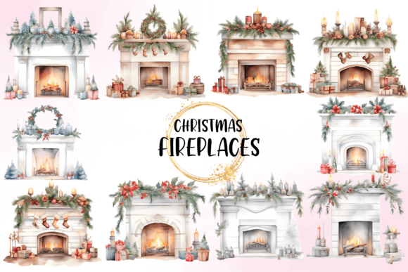 Watercolor Christmas Fireplace Clipart & Illustrations