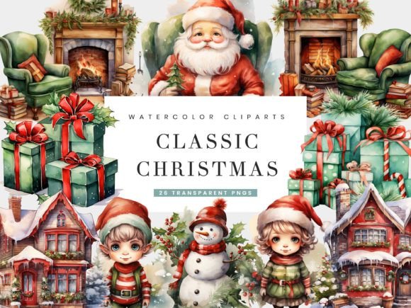 Watercolor Classic Christmas Clipart: Festive Illustrations